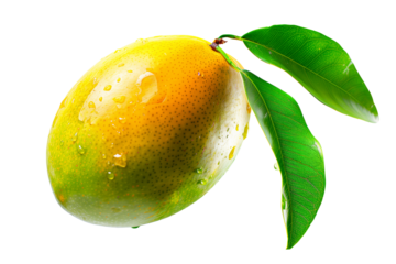 Ripe mango with green leaves and water drops isolated on white transparent background, colorful, organic, exotic, and delicious.