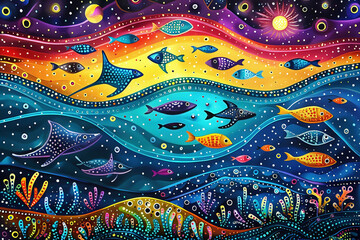 Australian Aboriginal dot painting art dreaming of fish in the blue ocean.