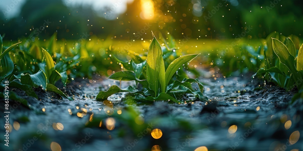 Wall mural Fresh Green Sprouts Bathed in Golden Sunlight