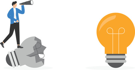 Pitching ideas. Brainstorming concept, smart businessman standing on extinguished bulb and search new good idea. Transformation, change management, transition to better innovative company. Flat vector