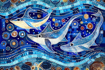 Australian Aboriginal dot painting art dreaming of whales in the blue ocean.
