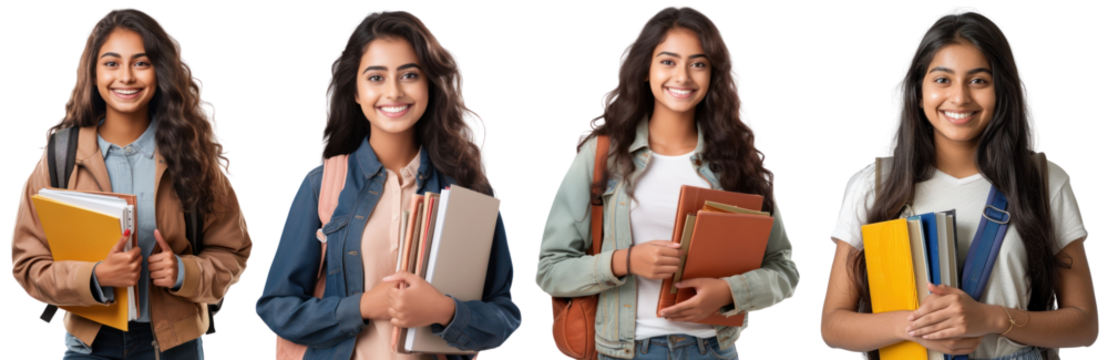 Smiling students holding books png set