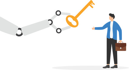 Close up bot hand hold key. Robot arm give key to success. Chat bot helps to achieve victory, open way to goals and improve skills. Chatbot support businessman unlock of problem or overcome obstacles.