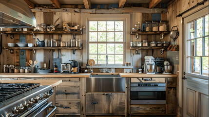 Rustic kitchen with reclaimed wood cabinets and butcher block countertop