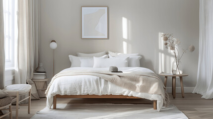 Scandinavian bedroom with white bed and light wood furniture