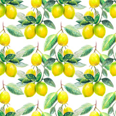 Obraz premium Seamless watercolor pattern with lemons and green leaves for a vibrant botanical design