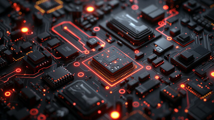 Obraz premium Abstract futuristic background in dark colors. Black abstract microcircuits and processors. AI generative