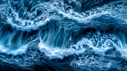 The image is of a large wave in the ocean, with the water crashing against the shore. Scene is powerful and dynamic, as the wave appears to be in motion and has a strong presence