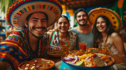 Fototapeta premium A group of friends is having a fun time at a Mexican restaurant, enjoying traditional food. They are wearing colorful sombreros and vibrant clothing, their faces radiating joy and satisfaction