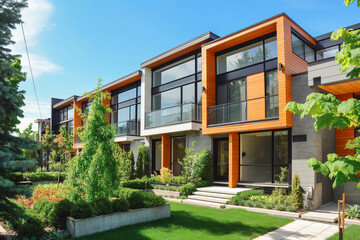 Fototapeta premium A modern townhouse with sleek lines, large windows, and a small urban garden.