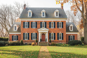 A traditional colonial house with a brick exterior, symmetrical design, and large windows.