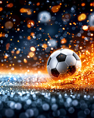 Naklejka premium A soccer ball is on a field with a lot of sparkles. The ball is white and black