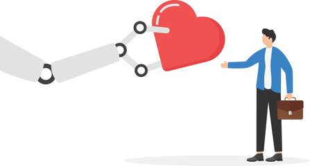 Robot arm putting heart in human hand. Artificial intelligence machine. Chat bot modern technology. Robot and people community. Love and art. Support palm, generosity. flat style vector illustration

