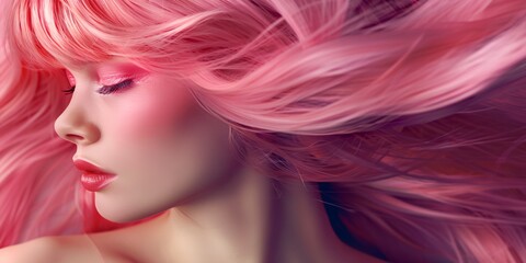 Naklejka premium A woman with long pink hair and red lipstick. The hair is styled in a way that it looks like it is flowing
