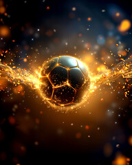 Fototapeta premium A soccer ball with a hole in it is surrounded by a lot of fire and sparks. The image has a dark and intense mood, with the fire and sparks adding to the sense of danger and chaos