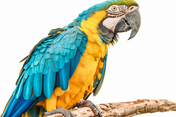 Fototapeta premium Close up of a blue and yellow macaw parrot sitting on a branch on a isolated white background