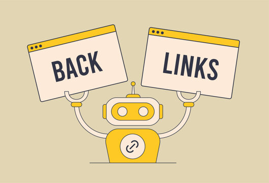 Automated backlink building strategy. Artificial Intelligence - future of SEO digital marketing. Link building tool vector isolated illustration on white background