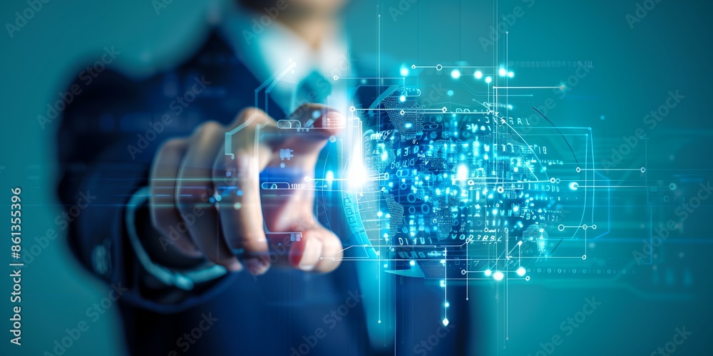 Poster a man in a suit is pointing at a computer screen with a blue globe on it. concept of technology and 