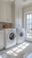 The room features a front-loading washer and dryer