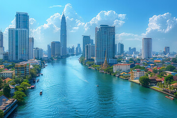 Obraz premium A modern city skyline with tall buildings along a river, under a bright blue sky with fluffy white clouds