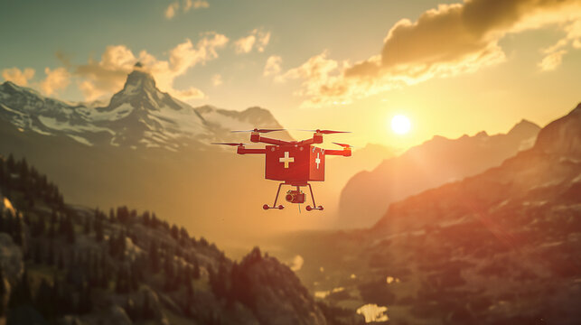 Medical drone delivering first aid kit in mountain environment - Powered by Adobe