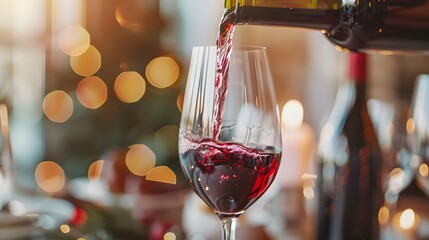 Red wine pouring into glass from wine bottle on blur resturant background