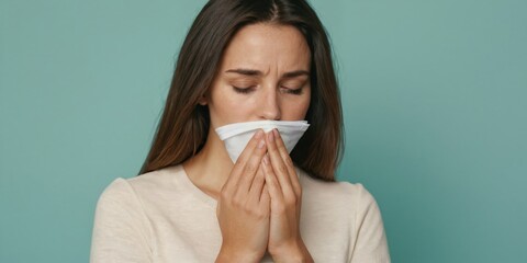 A woman holding a tissue to her face appears to be sneezing or coughing, conveying an image of concern for health, suitable for healthcare or illness awareness designs.