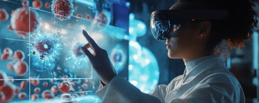 A scientist uses a virtual reality headset to interact with a holographic virus model in a futuristic laboratory. Suitable for medical, healthcare, and biotechnology-themed designs.