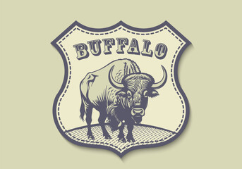 Vector shield or emblem. Graphic stencil of a powerful big wild horned bison. Engraving american buffalo. Sticker or badge.