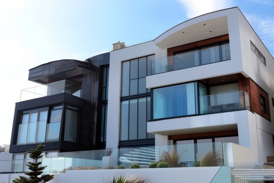 Contemporary villa with pool, luxurious vacation home, real estate concept for upscale living