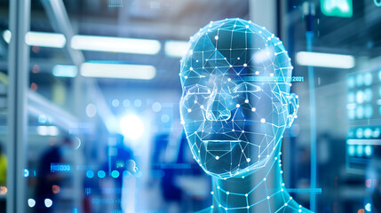 futuristic digital human head with facial biometric occult elements, interconnected network connections and data visualizations in the background