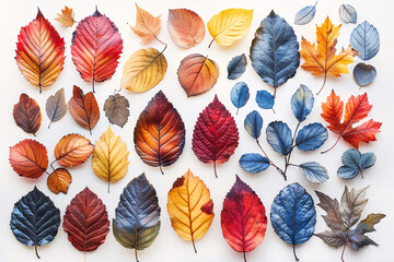Fototapeta premium An array of colorful leaves in various shapes and sizes, displaying autumnal hues of red, yellow, orange, blue, and brown