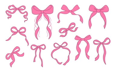 Set of pink bows. Bowknots for hair decor. Trendy girls hair braiding accessories