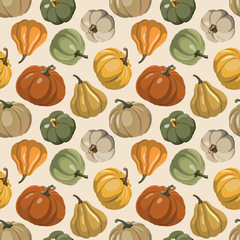 Autumn seasonal seamless pattern with colorful pumpkins on a bright background. Vector illustration. Fall harvest, Thanksgiving wallpaper, graphic.