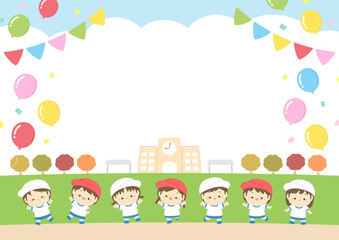 運動会の背景素材、子どもたちと学校の校舎と秋の木と運動場のベクターイラスト01