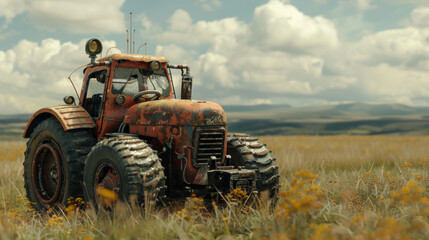 Powerful tractor standing on a field after harvesting wheat under a cloudy sky