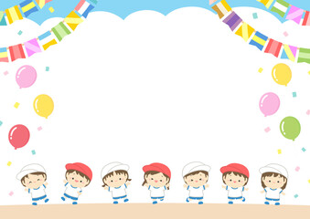 運動会の背景素材、子どもたち青空と運動場のベクターイラスト02