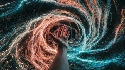 Hand reaching inside spinning vortex of light particles in big data and artificial intelligence concept