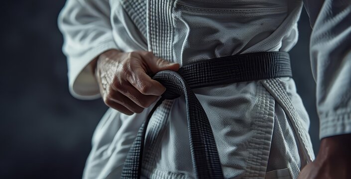 A panoramic close-up of a caucasian mans hand gripping a Brazilian jiu-jitsu black belt, wrapped around his waist, wearing a white kimono gi, isolated against a dark background, photorealistic detail