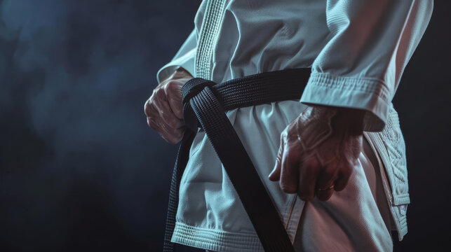A panoramic close-up of a caucasian mans hand gripping a Brazilian jiu-jitsu black belt