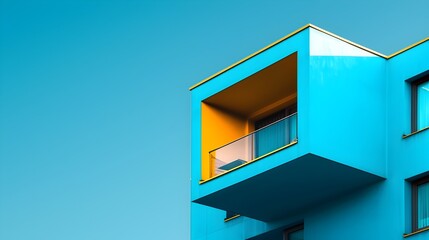 Minimalist Blue Architectural Facade with Geometric Patterns and Cube-Shaped Windows
