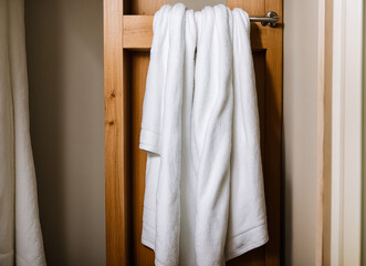 Towel hanging in the bathroom. Generative AI