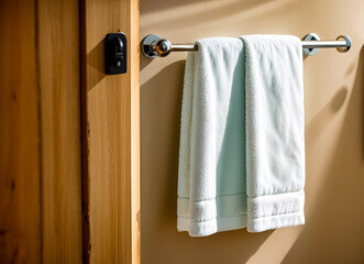 Towel hanging in the bathroom. Generative AI
