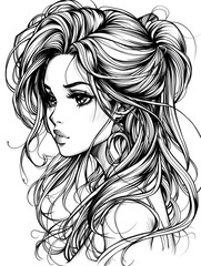 Fototapeta premium A woman with long hair and a serious expression. The hair is styled in a way that it looks like it is in a bun