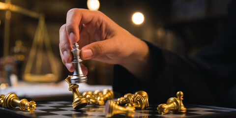 Businessman holding chess pieces is thinking about investment risks and opportunities, leadership,...