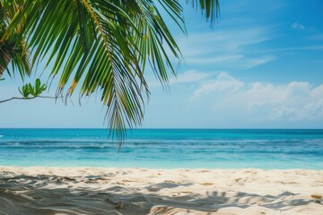 Fototapeta premium A picturesque scene of a tropical beach with white sand, crystal-clear water, and palm trees swaying in the breeze. Generative AI