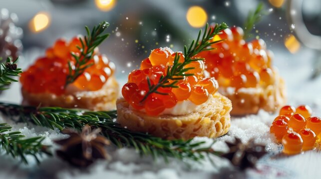 New year canapes with red caviar