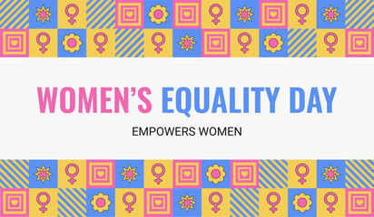 Women's Equality Day August 26.Geometric abstract banner in the trendy retro Neo brutalism style.Feminism holiday.Template for background, website header banner, card, social media post, and poster.
