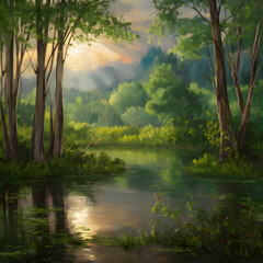 Obraz premium A tranquil forest scene captures the beauty of nature as the sun's rays filter through the water, illuminating the lush trees and plants in a picturesque landscape