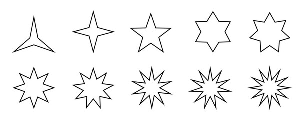 Stars collection. Contour drawing of stars isolated on a white background. Vector icons, illustrations with editable outline.Stars with different numbers of rays.